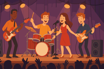 Animated band performance on stage. Vector illustration of musicians playing guitar, bass, drums, and singing with spotlight, concert scene, live music, entertainment, audience cheering, group show