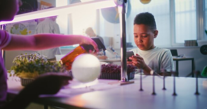 African American Elementary School Boy Sitting at Table with Girl, Growing Experimental Microgreens, Using Tweezer and Smartphone. Smart Young Students Studying Biology in Classroom. STEM Education. - Powered by Adobe
