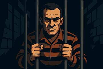 Prisoner holding iron bars in dark jail cell, striped uniform, incarceration concept, hands gripping bars, criminal justice, detention center, confinement, punishment, vector illustration