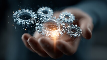 Businessman Holding Virtual Gears Connected with Network – Innovation and Technology Concept

