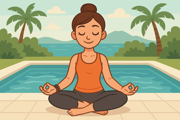Woman meditating in a lotus yoga pose by the poolside for wellness. Girl doing relaxation exercise for mental health and tranquility. Vector cartoon of mindfulness at a tropical resort.