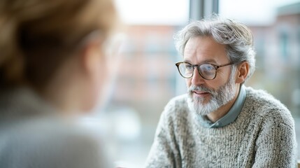 In a bright office, a middle-aged man with glasses shares insights with a younger colleague, reflecting collaboration and knowledge sharing in a professional setting.