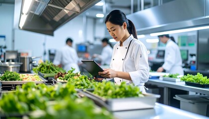 Chef using tablet in restaurant kitchen.