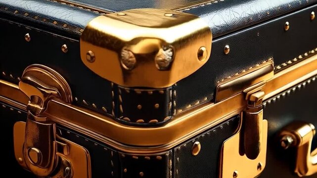 Vintage dark navy leather suitcase with gold hardware