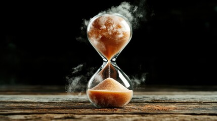 A striking hourglass capturing the passage of time with glowing sand and swirling steam, representing the blend of natural and abstract concepts of time and transience.