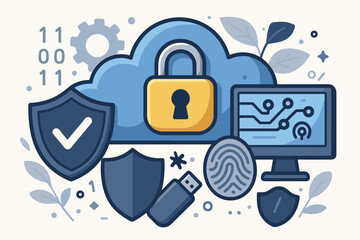 Cloud Data Security Protection with Modern Cybersecurity Technologies. Cartoon Vector Illustration Featuring Padlock, Shield, Biometric Fingerprint, Circuit, USB, Computer and Digital Elements