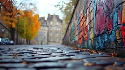 Old cobblestone street with graffiti wall and autumn leaves in Edinburgh
