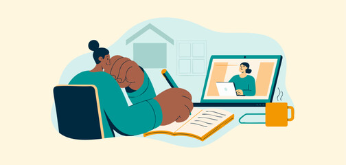 student taking notes while attending online class on laptop from home, vector illustration for remote learning, e-learning webinar participation and virtual education note-taking
