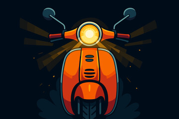 Retro scooter front view with glowing headlight, vibrant orange body, illuminated night ride, urban transportation, modern vector cartoon illustration on dark background, no text design