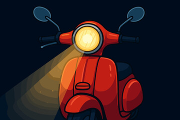 Retro red scooter front view with glowing headlight shining in darkness, urban night ride concept, cartoon vector illustration, classic moped, illuminated vehicle, vintage transportation