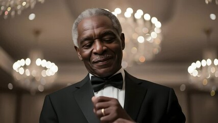 Elegant senior African American man in tuxedo adjusts cufflink, celebration. Sophisticated gentleman at gala. Ideal for luxury, retirement planning, formal wear, black history content.