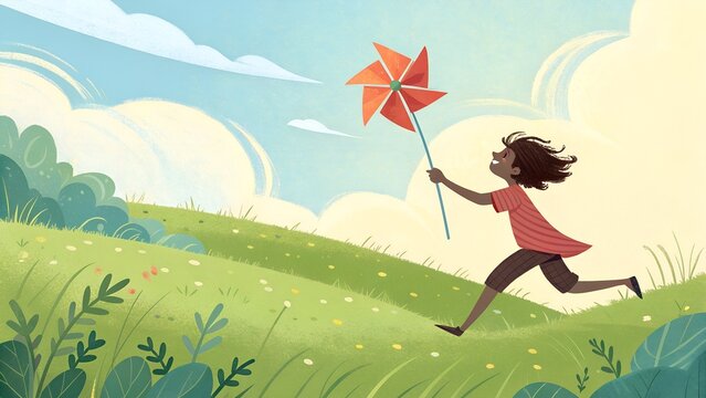 Child running with a pinwheel spinning fast — joyful, energetic wind moment