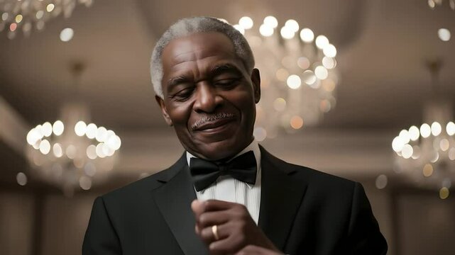 Elegant senior African American man in tuxedo adjusts cufflink, celebration. Sophisticated gentleman at gala. Ideal for luxury, retirement planning, formal wear, black history content.
