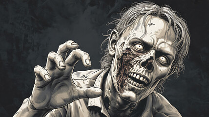 Illustration of a zombie with decaying face reaching out with its hand