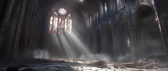 Sunlight beaming through stained glass windows of a ruined gothic cathedral