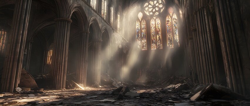 Sunlight beaming through stained glass windows of a ruined gothic cathedral