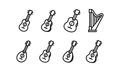 Outlined musical instrument icons: guitars and harp collection