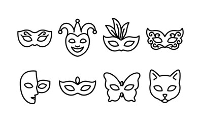 Fototapeta premium Set of eight decorative masks: jester, feathers, butterfly, cat designs