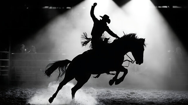 Silhouette of a cowboy riding a bucking bronco in a rodeo arena with spotlights