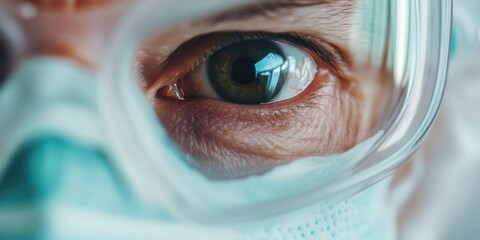 A Detailed CloseUp of a Healthcare Professionals Eye Viewed Behind Their Protective Gear