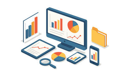 Fototapeta premium Isometric digital data visualization on devices with graphs and charts