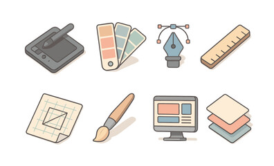 Digital design tools: drawing tablet, color palette, brush, and computer monitor icons