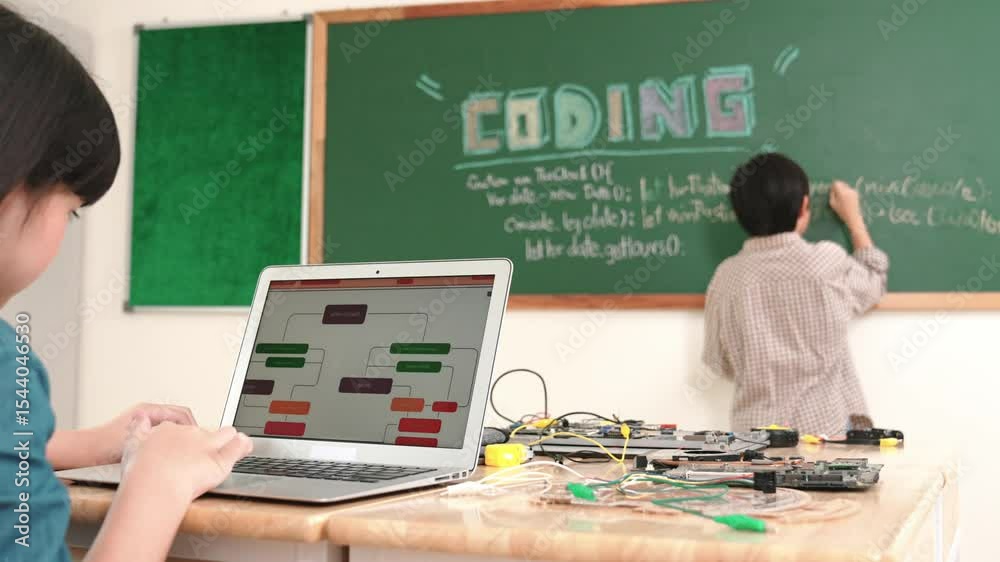 Poster girl writing engineering prompt by using ai software or programing system to generate ai on table wi