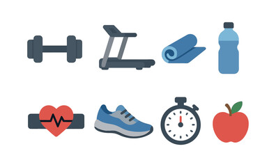 Fitness and exercise icons: dumbbell, treadmill, yoga mat, water bottle, heart monitor, shoe, stopwatch, apple