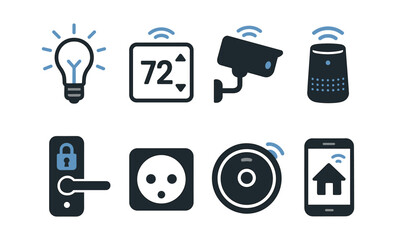 Smart home icons: light bulb, thermostat, security camera, smart speaker, door lock, power outlet, doorbell, smartphone
