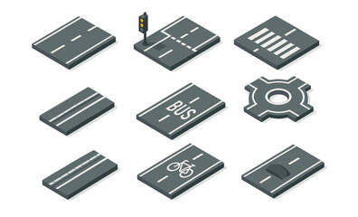 Isometric road elements set with lanes, signs, and symbols for traffic planning