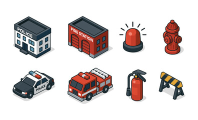 Isometric emergency services icons: police, fire station, patrol car, fire truck, fire extinguisher