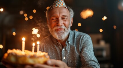 A joyful older man wearing a birthday hat smiles blissfully while presenting his birthday cake, capturing the essence of celebration, happiness, and cherished memories.