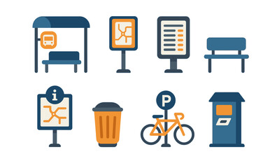 Urban transport icons set featuring bus stops, bicycle parking, and information signs