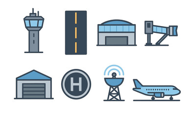 Airport elements: control tower, runway, hangar, jet bridge, helipad, satellite dish, airplane