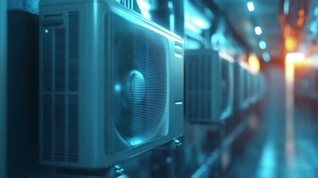 Air Conditioning Units: A row of modern air conditioning units is installed, illustrating concepts of technological innovation and efficient cooling systems.