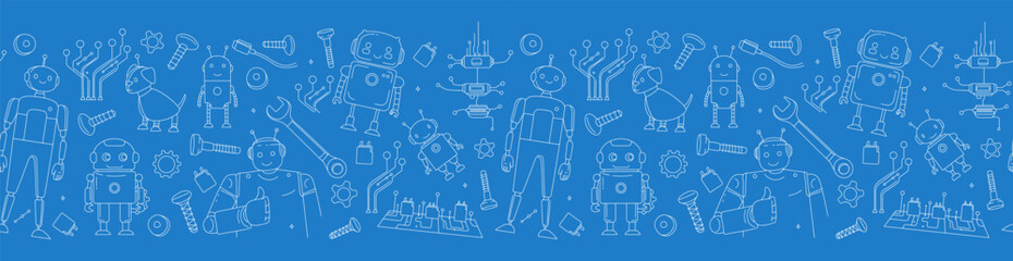 Seamless Doodle Pattern with Robots, Tools, and Microchips STEM and Engineering Theme