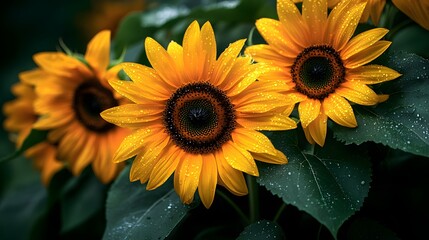 Obraz premium Close-up of vibrant sunflowers with fresh morning dew on petals