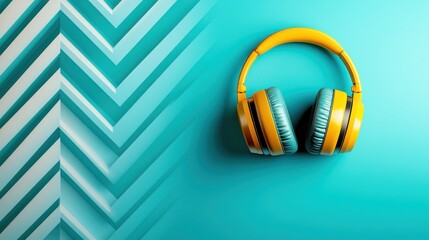Stylish yellow headphones with turquoise pillows set against a vibrant turquoise zigzag background, embodying a modern and playful audio experience for music enthusiasts.