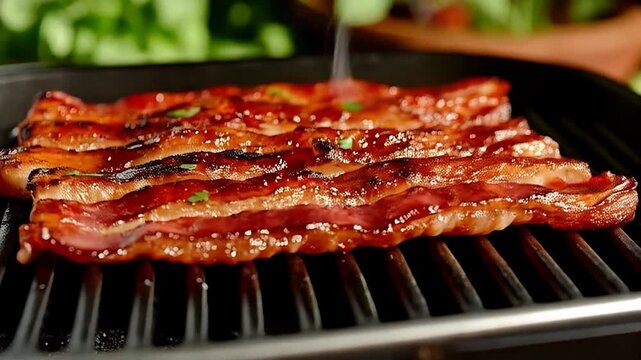 Crispy bacon strips sizzling on a hot grill