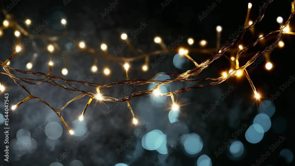 Poster a string of warm white lights on a dark background, creating an enchanting and magical atmosphere fo