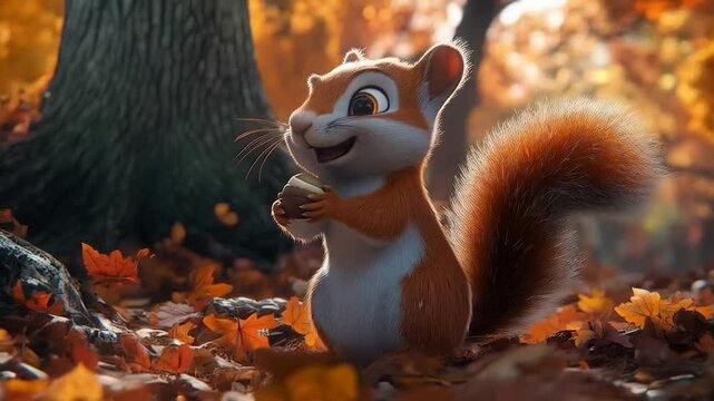 Cute cartoon squirrel holding a nut in an autumn forest