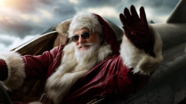 Santa Claus sitting in the cockpit, wearing aviator sunglasses and waving at the camera, flying an old plane with clouds behind him. He has a long white beard and is smiling.