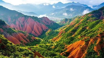 Stunning valley with vibrant orange earth, lush greenery, and distant misty mountains