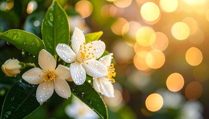 Dewy White Flowers with Golden Sunset.