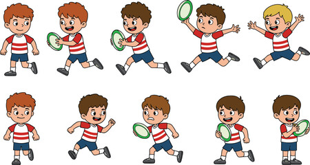 Diverse Boys Playing Rugby with Ball, Depicting Sports, Teamwork, and Energetic Childhood Activity