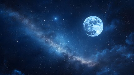 Fototapeta premium Starry night sky with a full moon and the Milky Way galaxy
