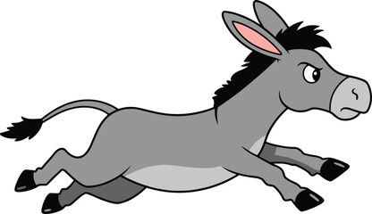 Running Grey Donkey Cartoon Character with Determined Expression, Symbolizing Speed, Stubbornness, and Farm Animal Action