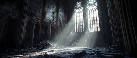 Abandoned Gothic cathedral with sunlight streaming through stained glass windows