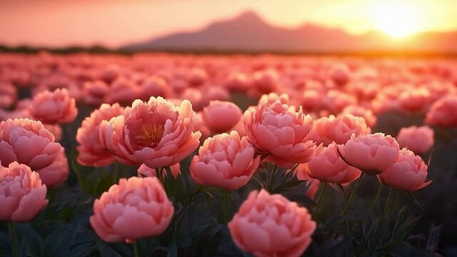 A field of vibrant coral-pink peonies at sunset