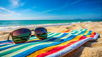 Colorful Striped Beach Towel and Brown Sunglasses Resting on Sandy Beach Sunny Day
